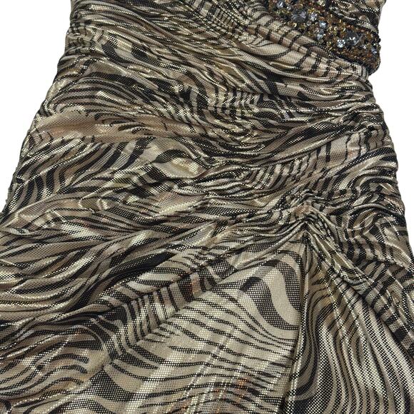 Mac Duggal Couture Metallic Gold Lame Abstract Animal Print Evening Gown Size 2 - Picture 5 of 12
